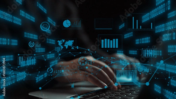 Fototapeta A close-up view of hands typing on a laptop, surrounded by an array of digital data visuals, including charts and graphs, symbolizing modern information technology. Xenic