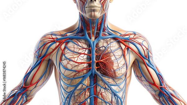 Fototapeta Detailed anatomical illustration of the human vascular system, showcasing arteries, veins, and heart isolated on transparent background