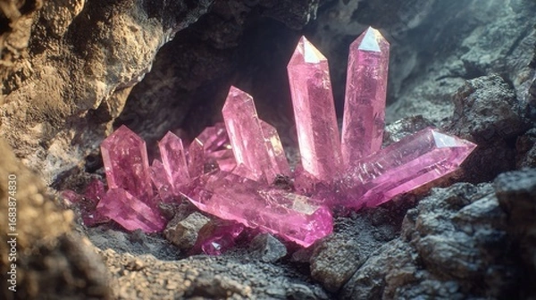 Fototapeta Photorealistic pink quartz mine with crystal formations, natural light