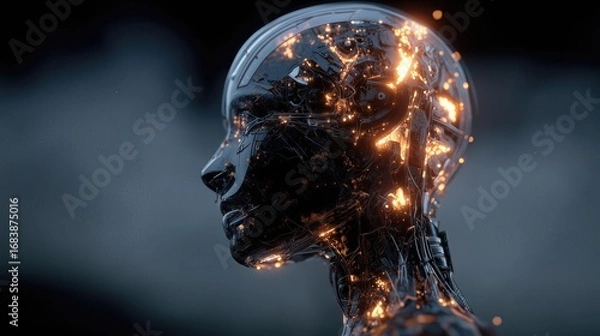 Fototapeta Futuristic black robotic head glowing with orange light details.