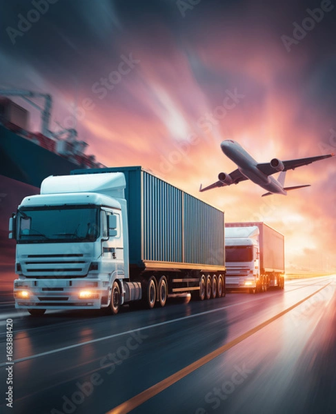 Fototapeta Container trucks speeding on highway with airplane overhead at dramatic sunset. Perfect for multimodal logistics, global supply chain marketing, and integrated transportation service promotions.