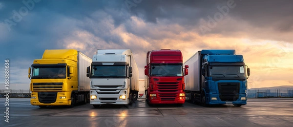 Fototapeta     Query successful

Lined up commercial truck fleet. A front-facing shot of four modern semi trucks in a row for a logistics, shipping, or transportation company advertisement.