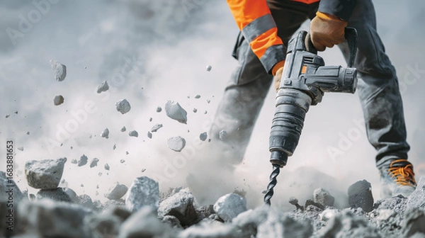 Fototapeta Close-up of construction worker using jackhammer to break concrete. Heavy industry, demolition, and road construction concept with flying debris and protective gear.