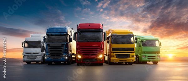 Fototapeta     Query successful

Fleet of colorful semi trucks. A line of modern commercial trucks in different colors at sunset for a logistics, transportation, or shipping company advertisement.