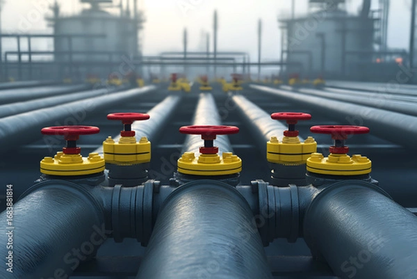 Fototapeta Natural gas pipeline infrastructure. A 3D illustration of a pipeline with valves for energy, oil and gas, or utility industry topics.