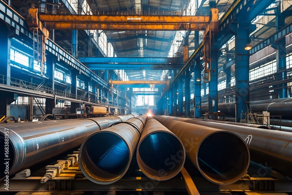 Fototapeta Large steel pipes on a production line in a heavy industry factory. Excellent for concepts of manufacturing, industrial engineering, and infrastructure.