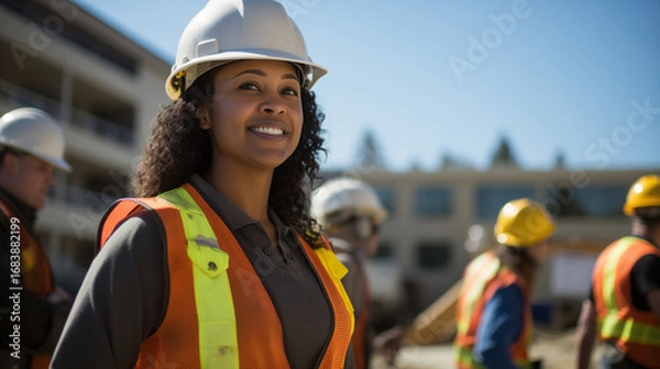 Fototapeta Happy female construction worker smiling confidently on a building site. Perfect for concepts of career success, women in skilled trades, and job satisfaction.