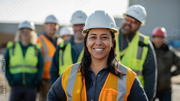 Fototapeta Happy female construction worker smiling with her diverse team. Perfect for concepts of teamwork, diversity, and women in skilled trades.
