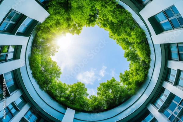 Fototapeta Circular building atrium with a central garden open to the sky. Perfect for concepts of green architecture, sustainability, and urban ecology.