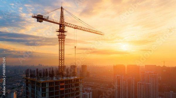 Fototapeta Modern construction site with a tower crane and city skyline at sunset. Ideal for concepts of urban development, progress, and city planning.