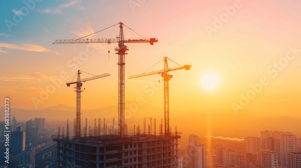 Fototapeta Sunrise over a city construction site with multiple tower cranes. Ideal for concepts of urban development, progress, and future growth.