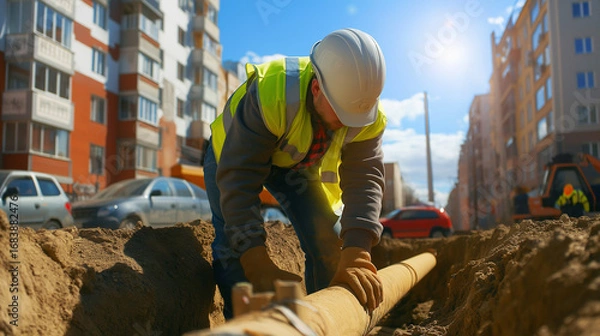 Fototapeta Construction worker in a trench installing a plastic pipe. Great for infrastructure, urban development, and skilled labor concepts.