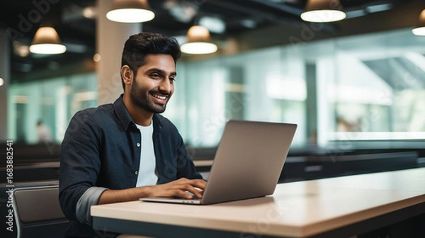 Fototapeta happy Indian man smiling while working on his laptop in a modern office or coworking space. Perfect for showcasing a productive and diverse work environment, digital nomad lifestyle