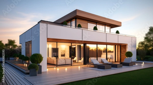 Fototapeta modern minimalist house exterior with a clean, cubic structure and inviting terrace at sunset. Ideal for real estate listings, architectural magazines, or interior design websites.