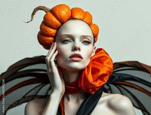 Obraz Woman in pumpkin headpiece and sculptural fall costume