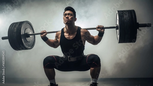 Obraz Strong asian man performing a heavy barbell squat in a gym. Intense weightlifting and powerlifting workout.