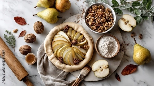 Fototapeta Fall & Autumn : Delicious pie with pears and nuts on a rustic kitchen counter.