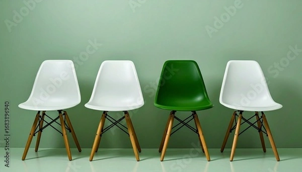 Obraz Row of four modern chairs with wooden legs and black supports against light green wall, three white and one standout green chair for visual contrast.