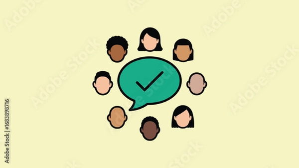 Fototapeta Diverse team consensus shown with checkmark in speech bubble group collaboration
