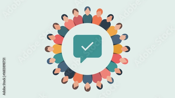 Fototapeta Diverse group of people surrounding a speech bubble with a checkmark inside it