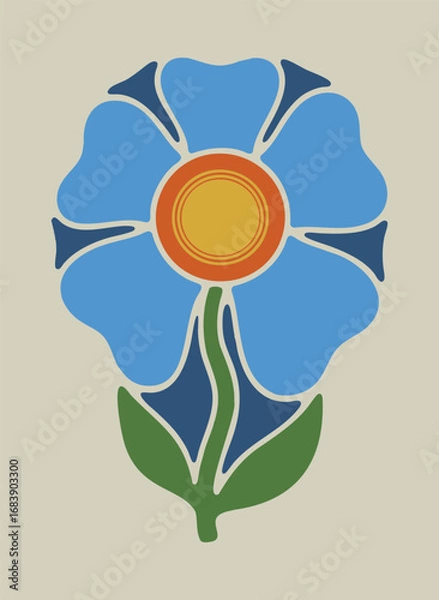Obraz Vintage decorative blue flower graphic. Retro floral art inspired by stained glass and folk patterns. Isolated vector element for design.