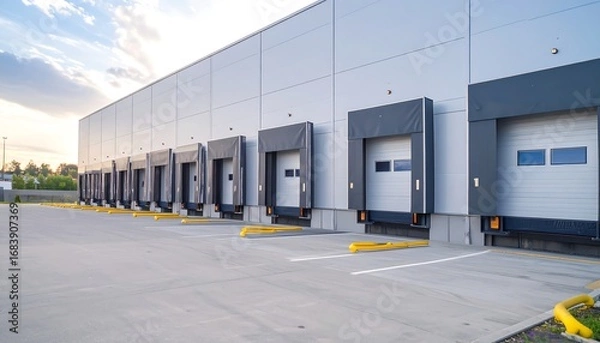 Obraz Exterior view of a modern industrial building featuring several loading dock doors and a paved parking area