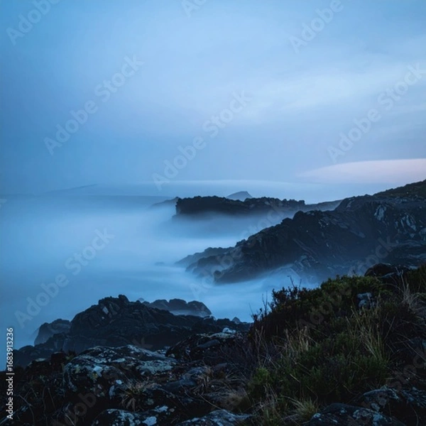Fototapeta Misty Coastline with Jagged Rocks in Dim Blue Light Ocean View Landscape