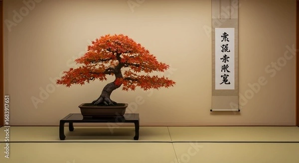 Obraz Japanese Maple Bonsai Display: A stunning, meticulously cultivated Japanese maple bonsai tree, adorned with vibrant red leaves, takes center stage in a serene Japanese room.