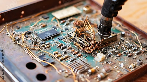 Fototapeta Soldering Iron in Use on a Circuit Board with Exposed Wiring and Components