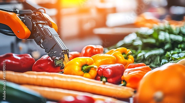 Fototapeta Robotic Arm Selecting Fresh Vegetables in a Market Setting
