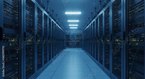Obraz A long hallway filled with server racks in a data center with blue lighting and a tiled floor design