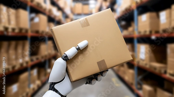 Fototapeta Robot Arm Holding a Cardboard Box in a Warehouse