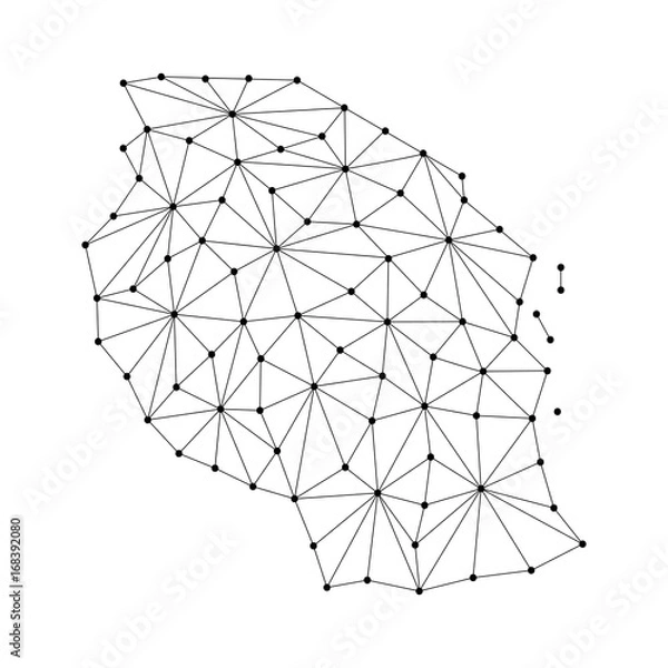 Fototapeta Tanzania map of polygonal mosaic lines network, rays and dots vector illustration.