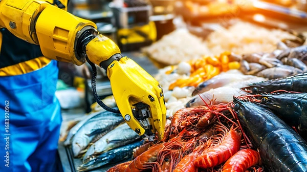 Fototapeta Robotics in Seafood Handling: A Yellow Robotic Arm Selects Fresh Fish and Shellfish at a Market Stall