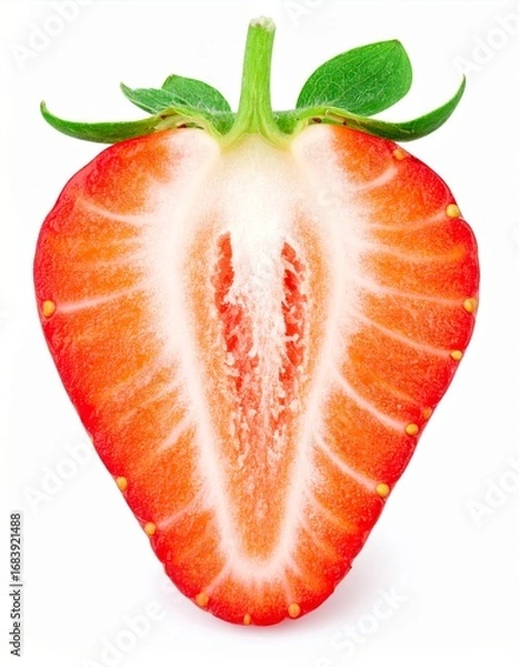 Fototapeta Cross Section of Fresh Strawberry with Visible Seeds and Green Stem on White Background