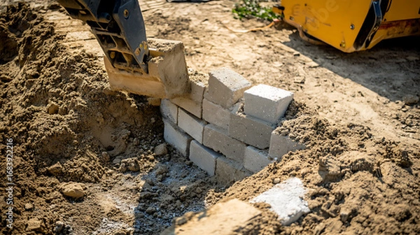Fototapeta Excavator Arm Placing Concrete Blocks at Construction Site