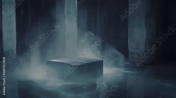 Fototapeta Mysterious Cube in Foggy Industrial Setting