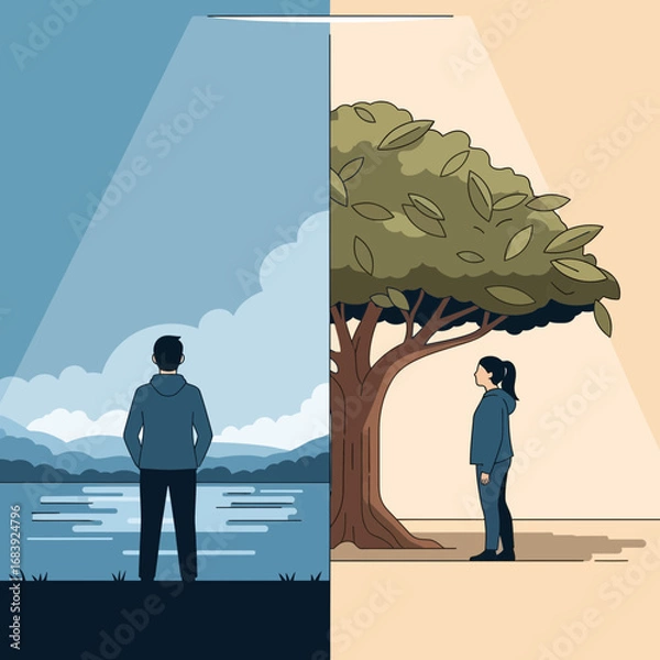 Fototapeta Two people stand under a tree divided by light and dark.