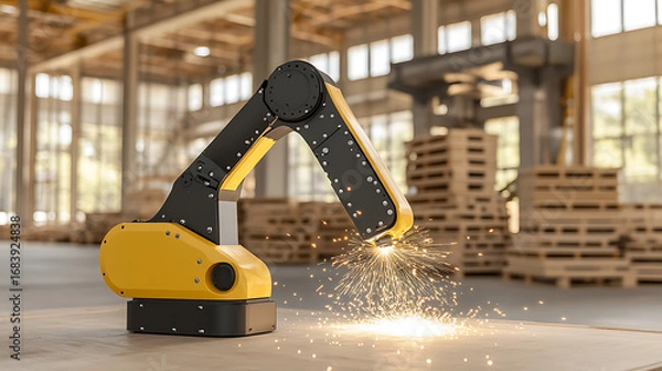 Fototapeta Robotic Arm Welding in a Warehouse Environment