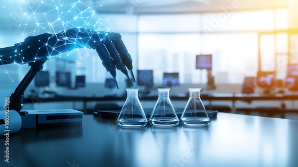 Fototapeta Robotic Arm Conducts Precision Experiment with Beakers in a High-Tech Laboratory Setting