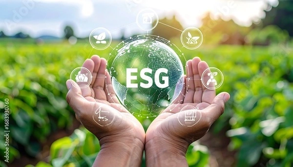 Fototapeta Hands holding a digital globe representing ESG over a field
