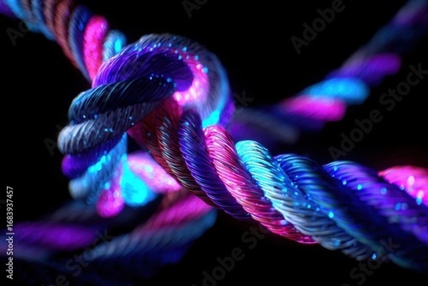 Fototapeta Abstract rope knot glowing with vibrant pink and blue hues, creating a mesmerizing visual effect against a stark black background.