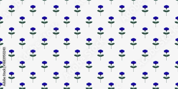 Fototapeta Seamless retro folk pattern featuring blue flowers and green stems on a white background