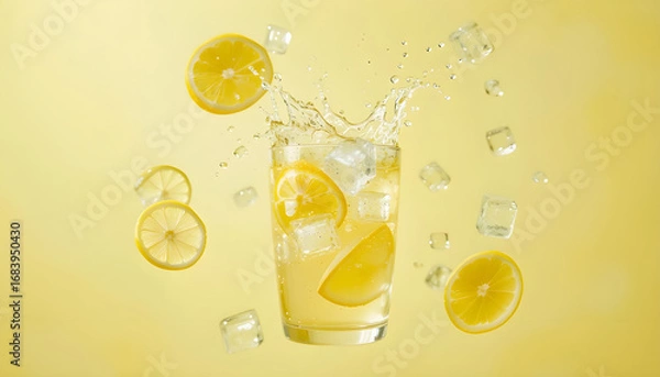 Fototapeta Refreshing Lemon Iced Drink Splashing in Glass.A visually appealing image of a glass of lemon iced drink with lemon slices and ice cubes in motion, creating a refreshing summer vibe.