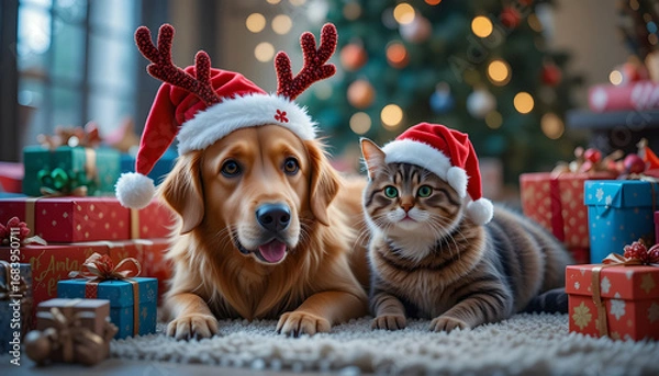 Fototapeta Adorable Dogs and Cats in Christmas Hats with Gifts.A heartwarming image of a golden retriever and a tabby cat wearing festive Santa hats and reindeer antlers, nestled amongst colorful Christmas prese