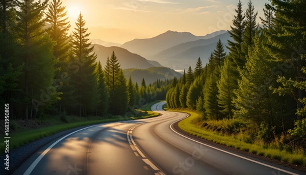 Fototapeta Serene mountain road at sunrise, winding through a lush forest..A picturesque, winding road meanders through a dense forest, with towering evergreen trees lining both sides.