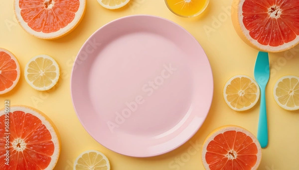 Fototapeta Fresh Citrus Fruits Arranged Around a Pink Plate on a Yellow Background.Vibrant citrus slices (grapefruit and lemon) arranged artfully around a blank, pastel pink plate on a cheerful yellow background