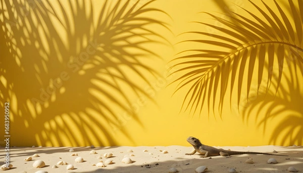 Fototapeta Lizard on Sandy Beach Under Palm Shadows, Vibrant Yellow Background.A lizard basks in the sun on a sandy beach, with the warm shadows of palm fronds casting patterns on a vibrant yellow background.