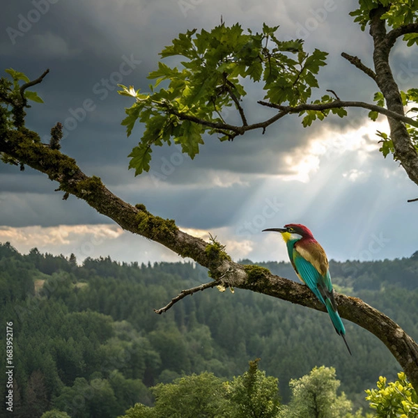 Fototapeta bee eater sitting on the tree branch under the clo