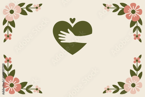 Obraz Heart with hand hug illustration surrounded by floral elements on a cream background